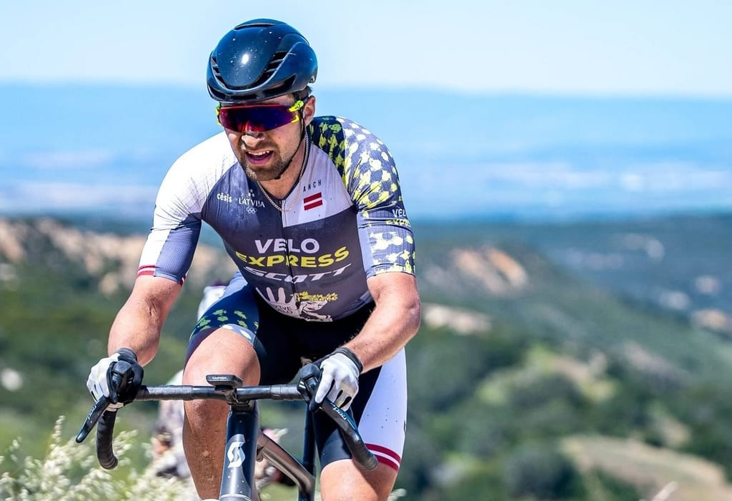 Martin Blums rides a Scott gravel bike high in the hills at the Sea Otter gravel race in April.
